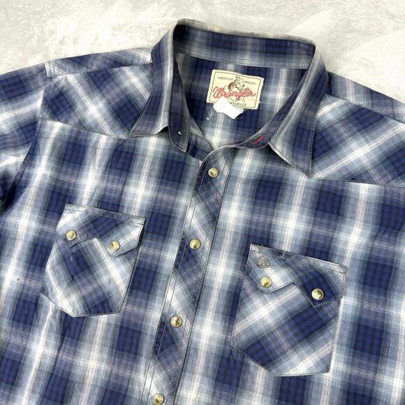 Vintage Wrangler Western Plaid Snap Button Shirt Blue Cowboy Workwear Men Size L - Picture 3 of 9